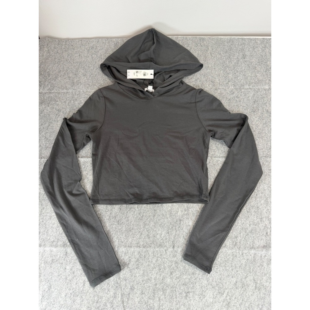 Garage Crop Fitted Hoodie Women Small Gray Long Sleeve Y2K Minimalist Streetwear